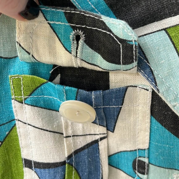 Vintage Linen Harve Benard Jacket Petite Geometric Pattern Blue Green Turquoise - Picture 4 of 8